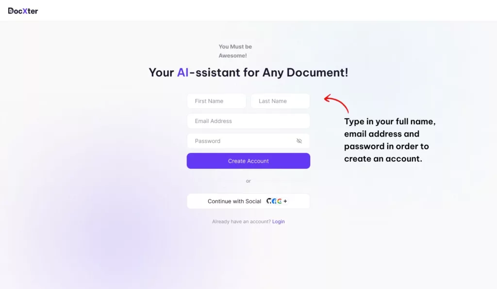 Image: Sign Up Screen of DocXter